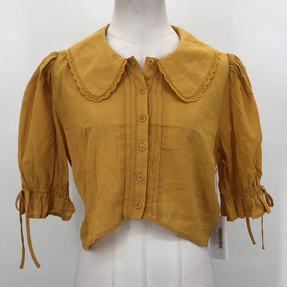 Reformation Mustard Yellow Cropped Puff Sleeve Blouse